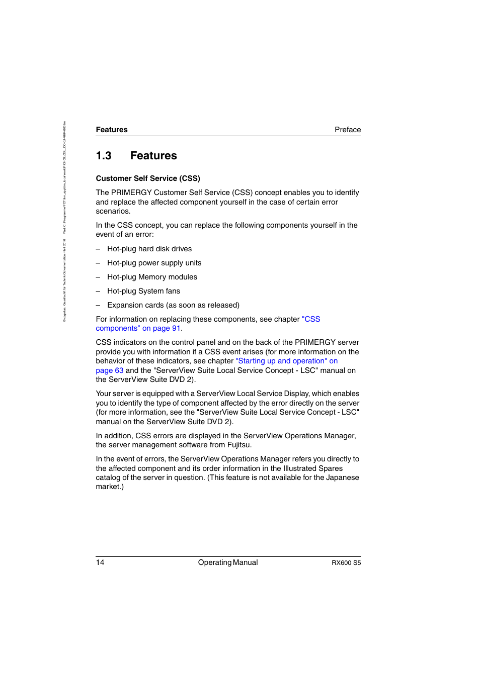 Features, 3 features, 14 operating manual | Features preface, Rx600 s5 | FUJITSU PRIMERGY RX600 S5 User Manual | Page 14 / 148