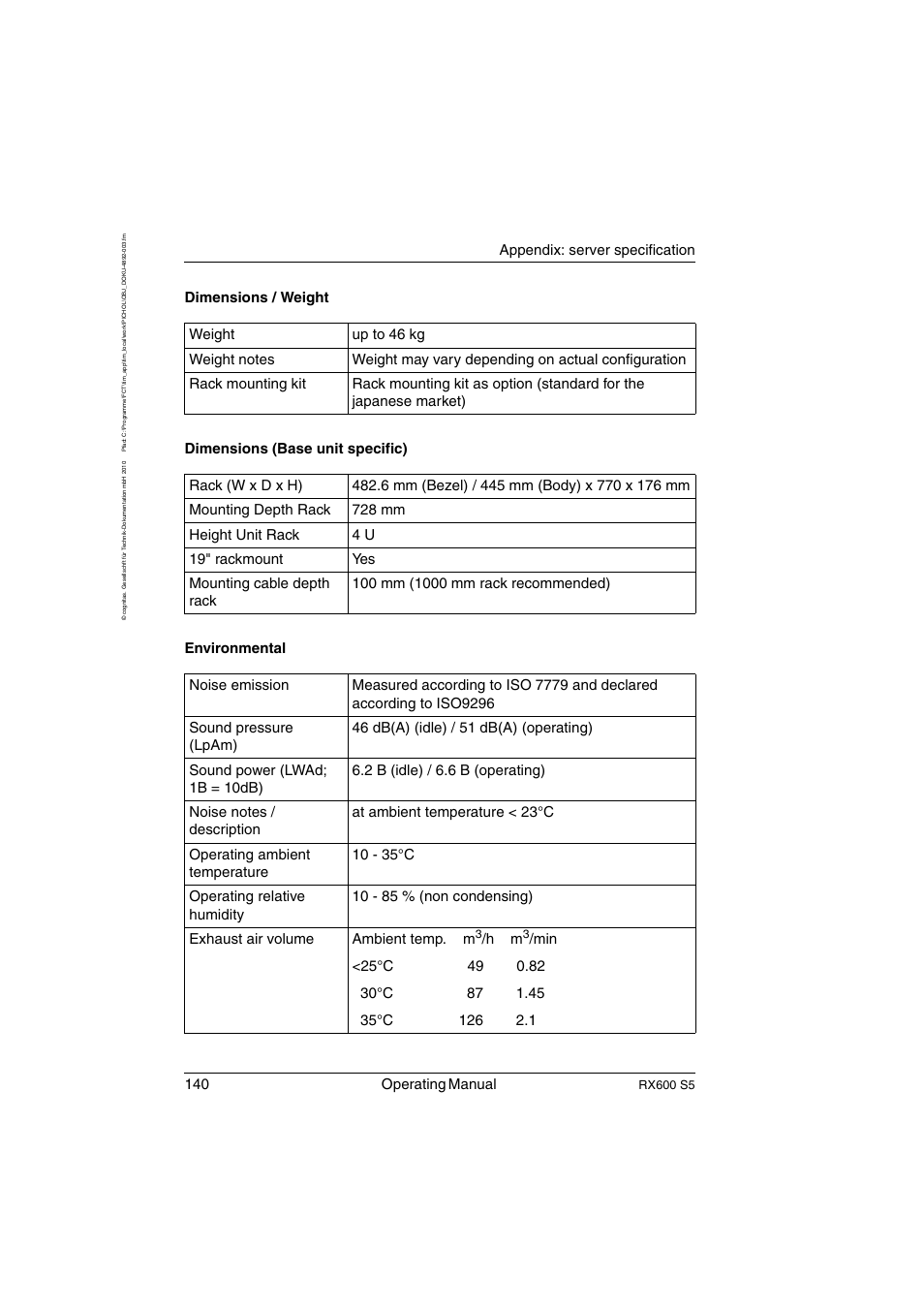 140 operating manual, Appendix: server specification | FUJITSU PRIMERGY RX600 S5 User Manual | Page 140 / 148