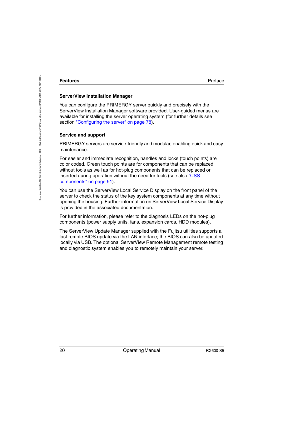 20 operating manual, Features preface, Rx600 s5 | FUJITSU PRIMERGY RX600 S5 User Manual | Page 20 / 148