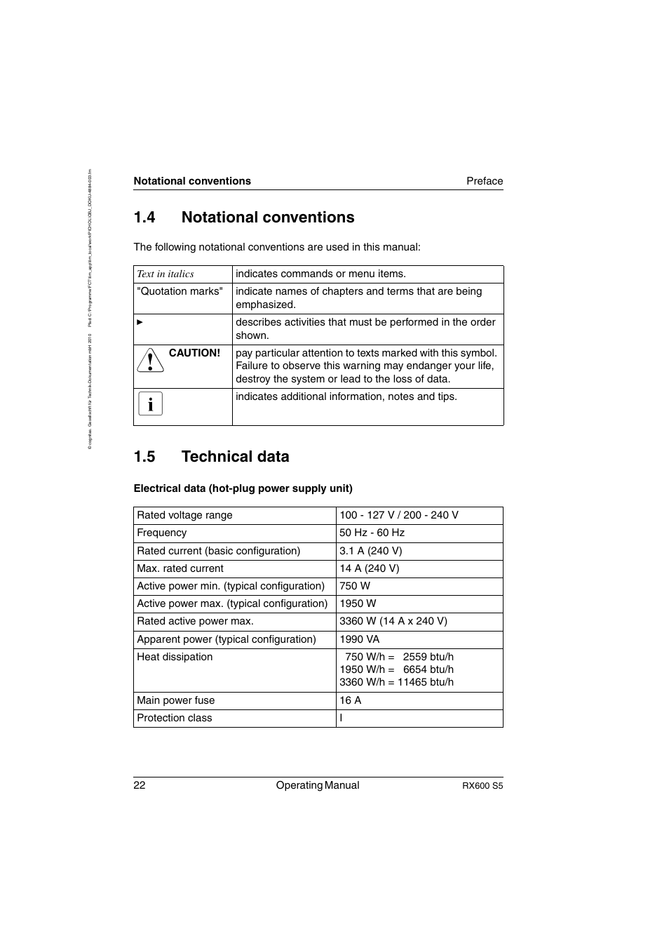 Notational conventions, Technical data, 4 notational conventions | 5 technical data, 22 operating manual, Notational conventions preface | FUJITSU PRIMERGY RX600 S5 User Manual | Page 22 / 148