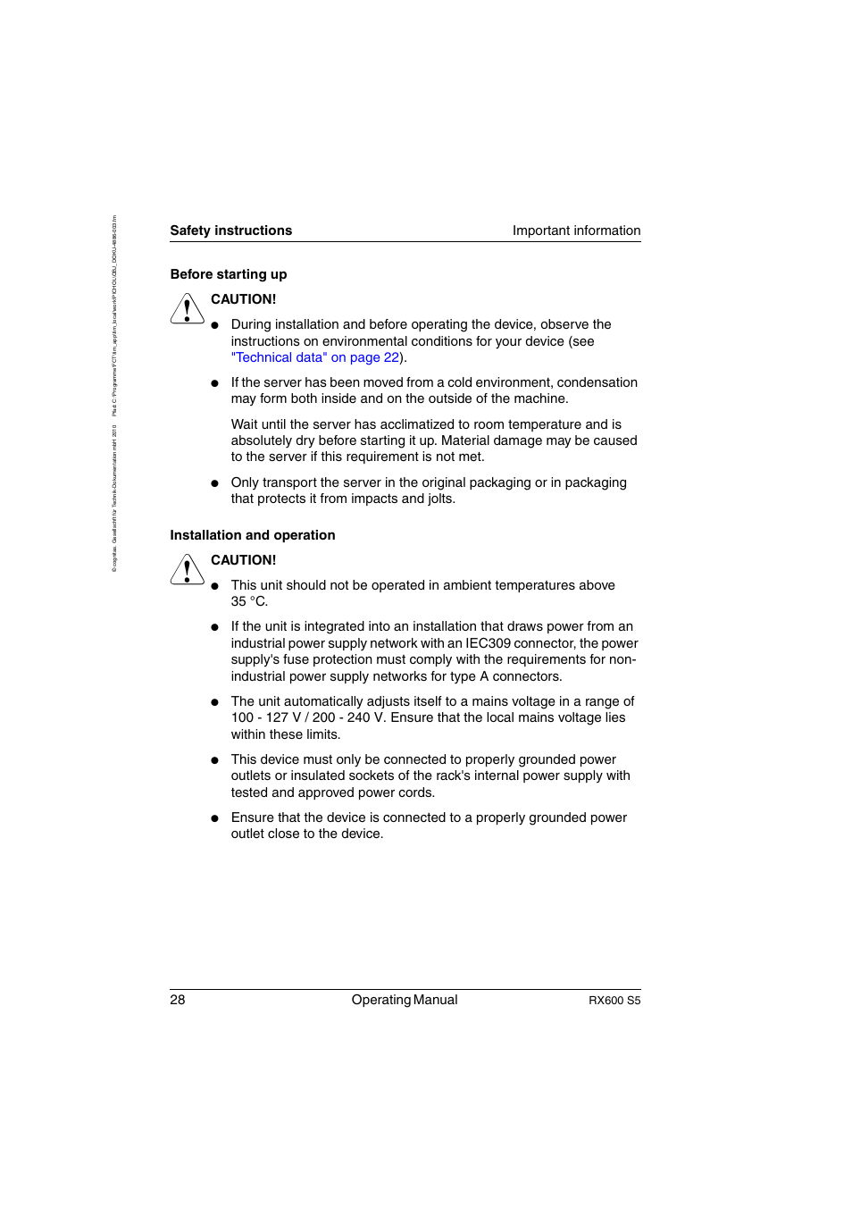 28 operating manual, Safety instructions important information, Before starting up | Caution, Rx600 s5 | FUJITSU PRIMERGY RX600 S5 User Manual | Page 28 / 148
