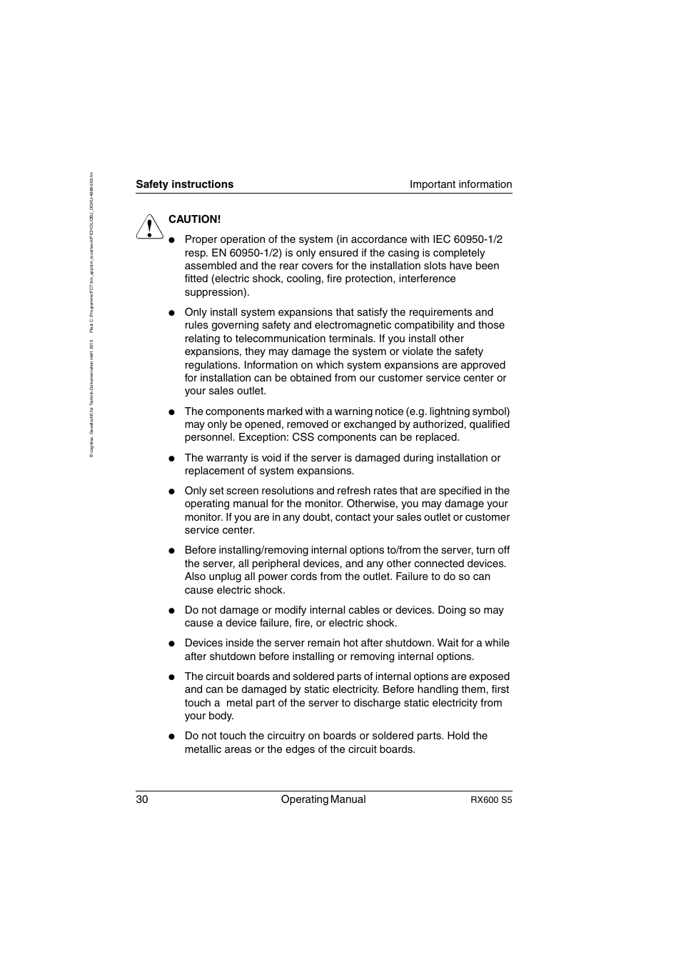 30 operating manual, Safety instructions important information, Caution | Rx600 s5 | FUJITSU PRIMERGY RX600 S5 User Manual | Page 30 / 148