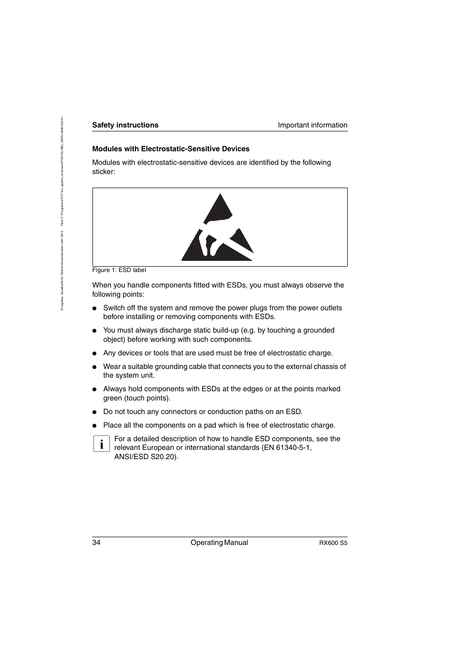 34 operating manual, Safety instructions important information, Rx600 s5 | Figure 1: esd label | FUJITSU PRIMERGY RX600 S5 User Manual | Page 34 / 148