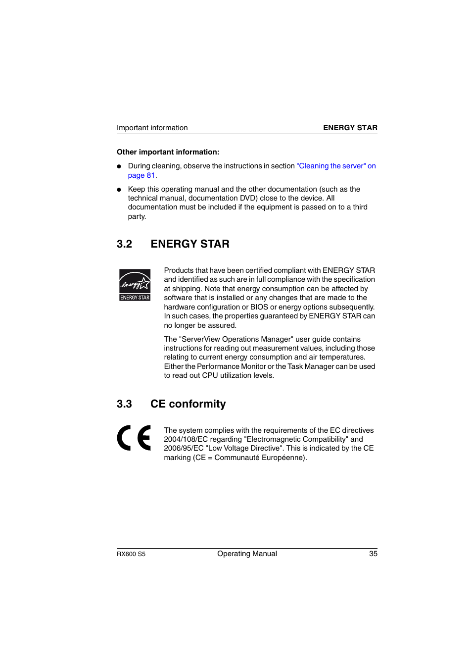 Energy star, Ce conformity, 2 energy star 3.3 ce conformity | FUJITSU PRIMERGY RX600 S5 User Manual | Page 35 / 148