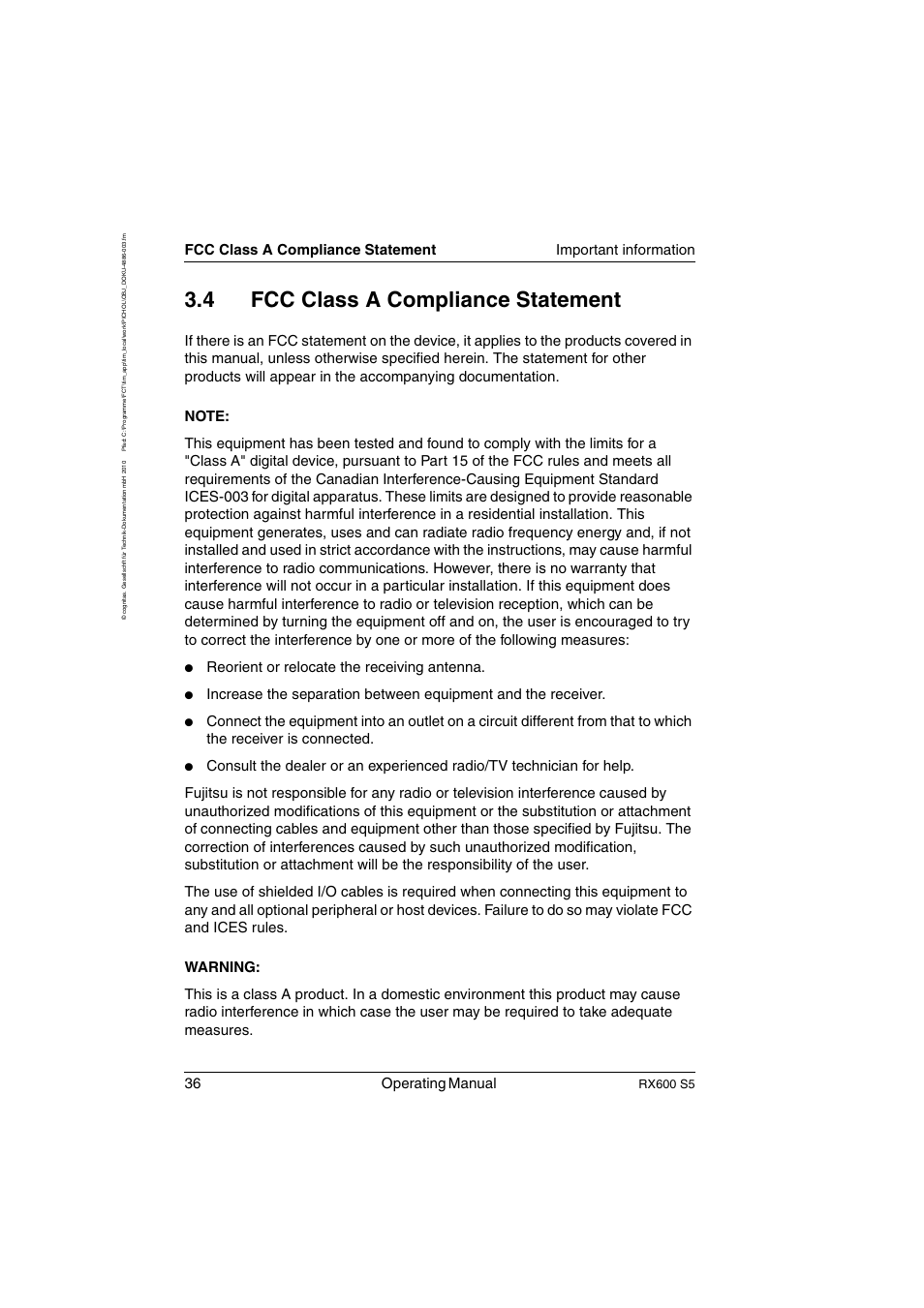 Fcc class a compliance statement, 4 fcc class a compliance statement, 36 operating manual | Reorient or relocate the receiving antenna, Rx600 s5 | FUJITSU PRIMERGY RX600 S5 User Manual | Page 36 / 148