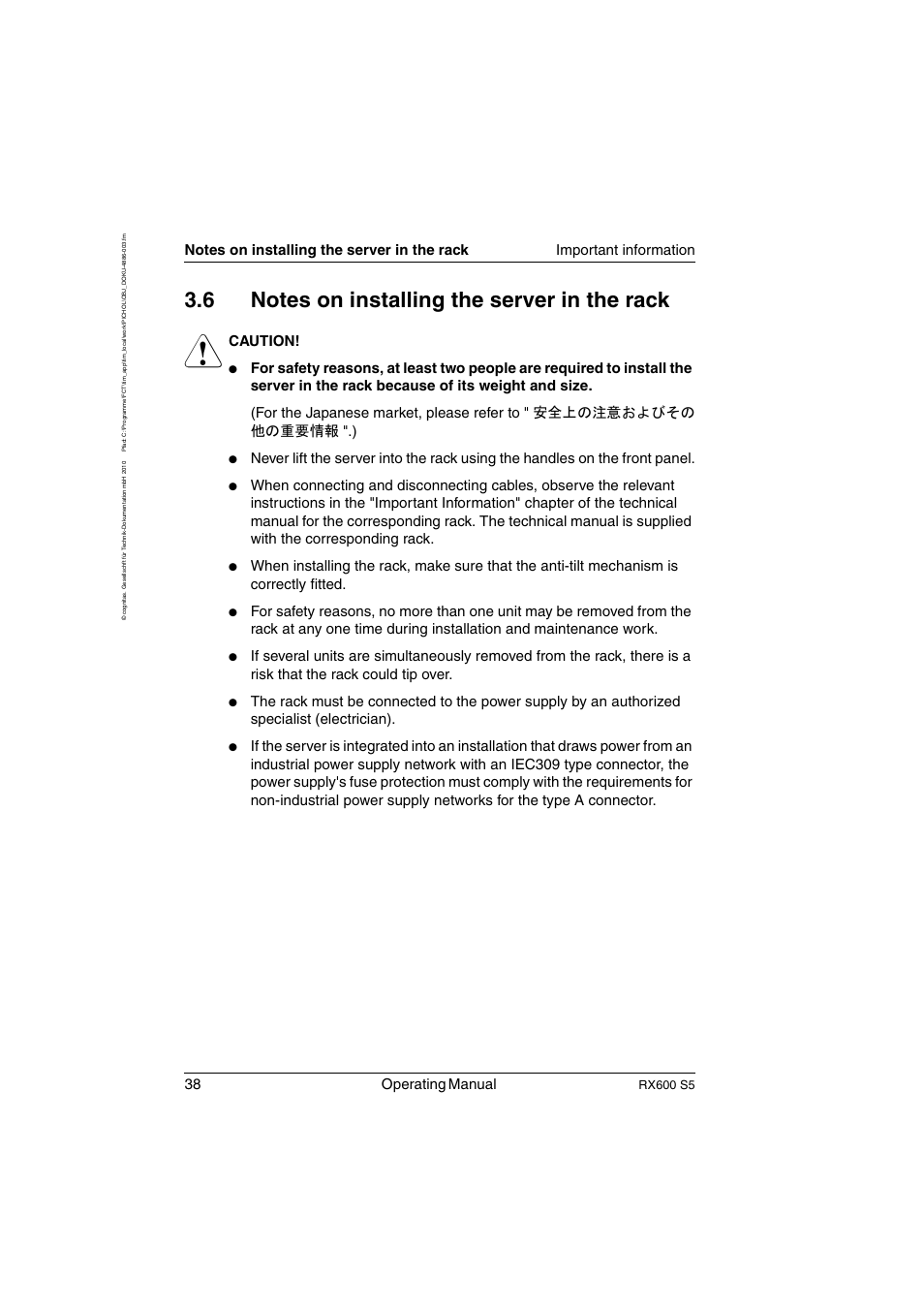 Notes on installing the server in the rack, 38 operating manual, Caution | Rx600 s5 | FUJITSU PRIMERGY RX600 S5 User Manual | Page 38 / 148