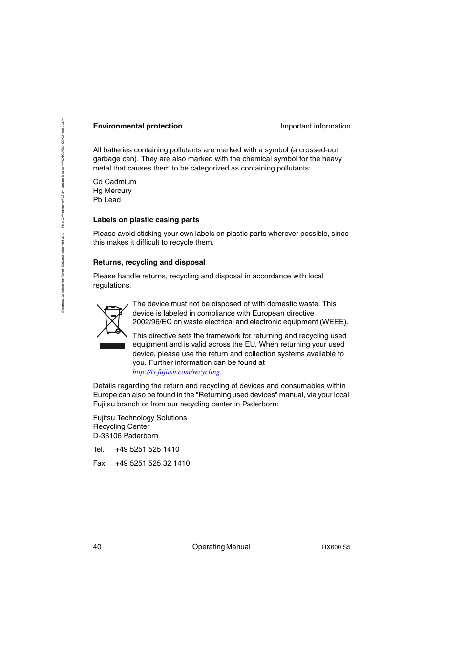 40 operating manual, Environmental protection important information, Rx600 s5 | FUJITSU PRIMERGY RX600 S5 User Manual | Page 40 / 148