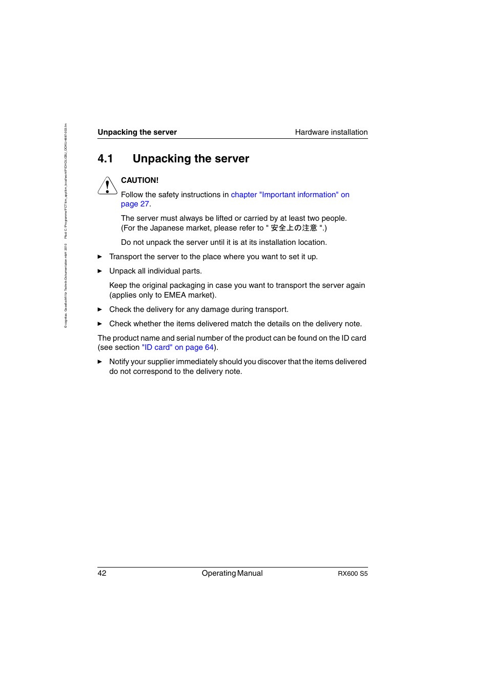 Unpacking the server, 1 unpacking the server, 42 operating manual | Unpacking the server hardware installation, Rx600 s5 | FUJITSU PRIMERGY RX600 S5 User Manual | Page 42 / 148