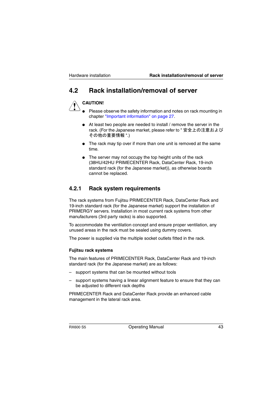 Rack installation/removal of server, Rack system requirements, 2 rack installation/removal of server | FUJITSU PRIMERGY RX600 S5 User Manual | Page 43 / 148