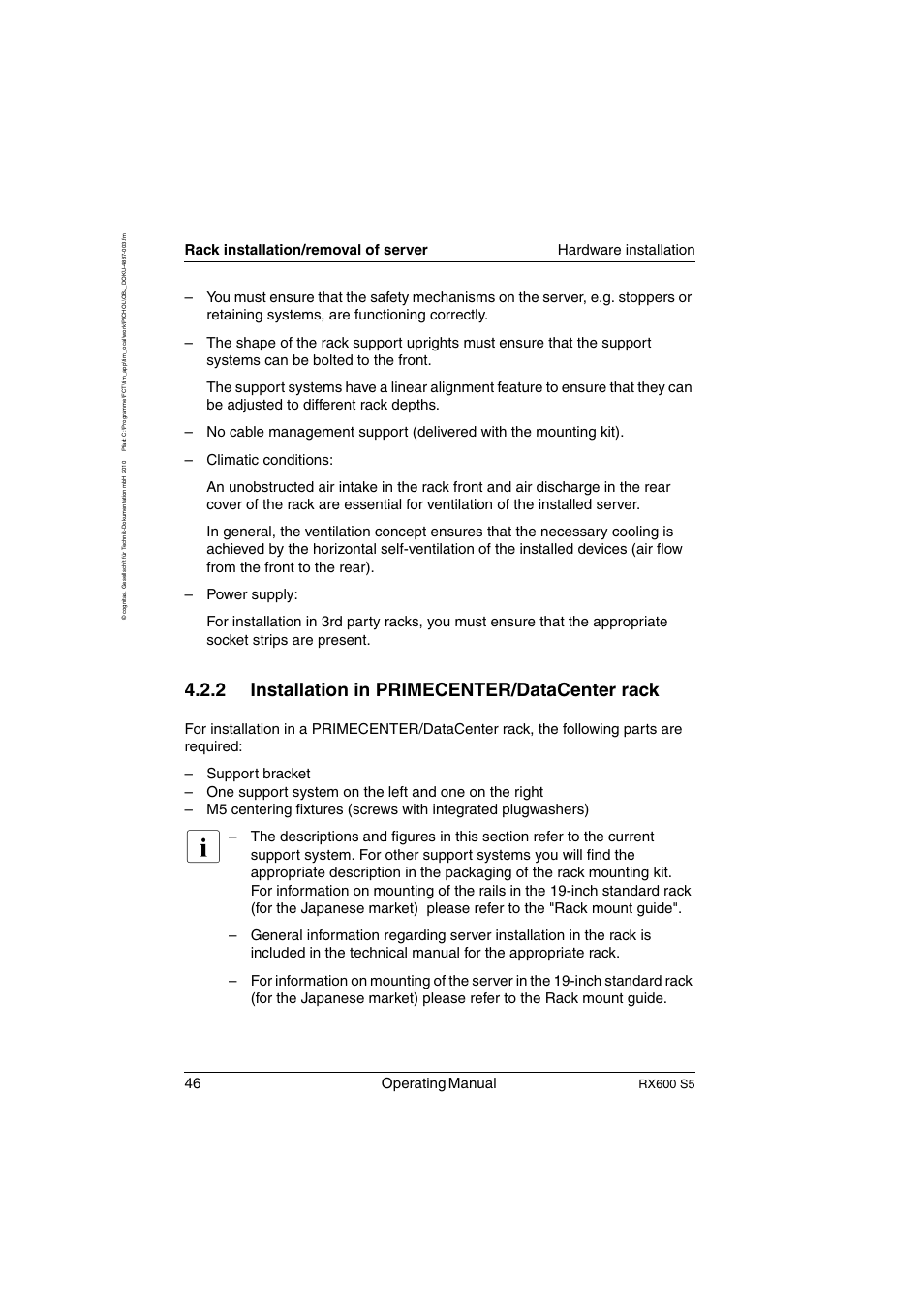 Installation in primecenter/datacenter rack, 2 installation in primecenter/datacenter rack, 46 operating manual | Rx600 s5 | FUJITSU PRIMERGY RX600 S5 User Manual | Page 46 / 148