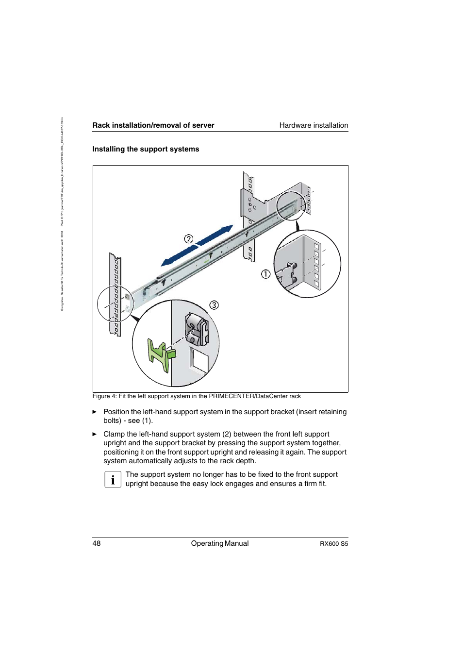 48 operating manual, Installing the support systems, Rx600 s5 | FUJITSU PRIMERGY RX600 S5 User Manual | Page 48 / 148