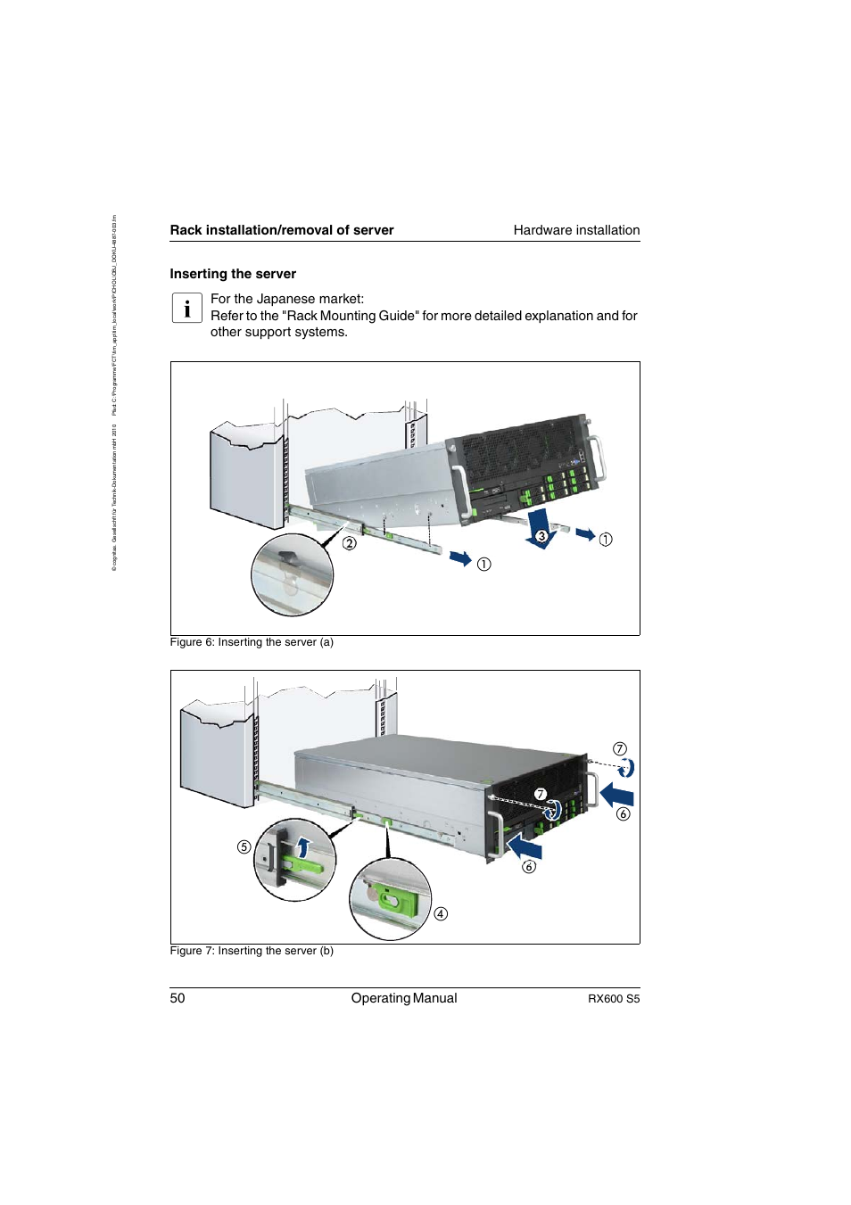 50 operating manual, Inserting the server, Rx600 s5 | FUJITSU PRIMERGY RX600 S5 User Manual | Page 50 / 148