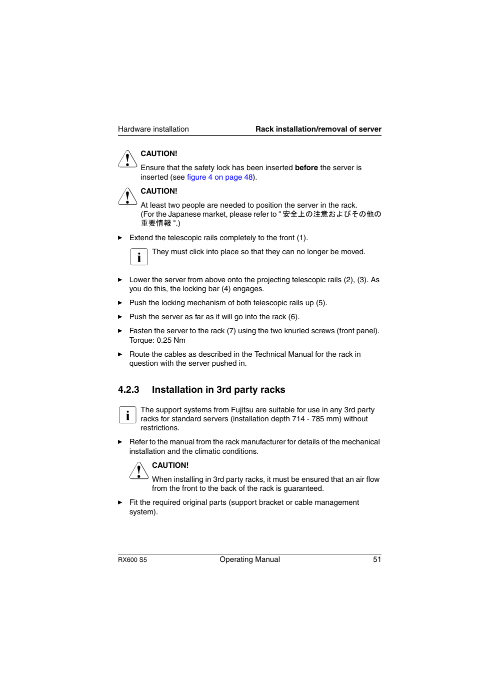 Installation in 3rd party racks | FUJITSU PRIMERGY RX600 S5 User Manual | Page 51 / 148
