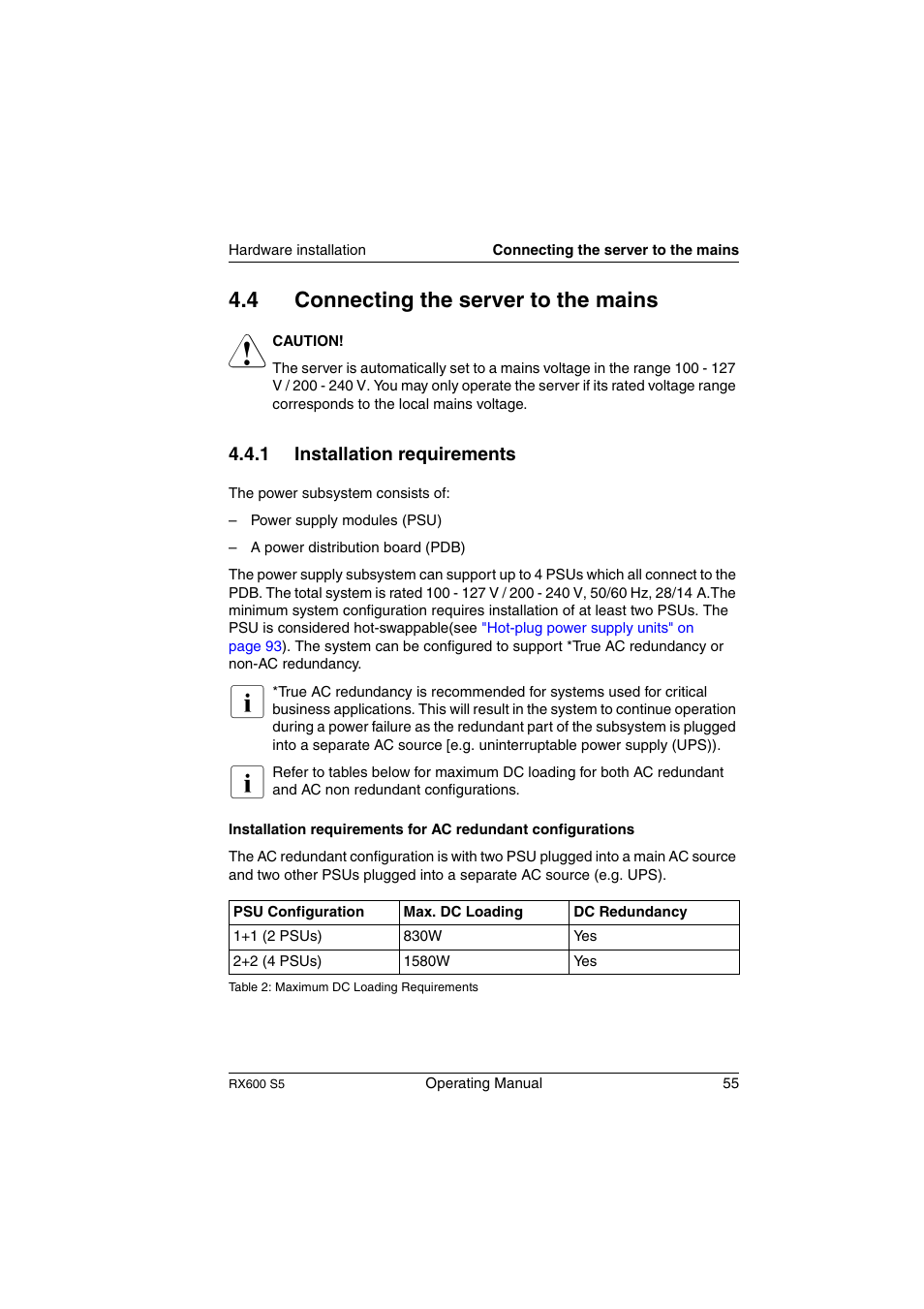 Connecting the server to the mains, Installation requirements, Connecting the server to the | 4 connecting the server to the mains | FUJITSU PRIMERGY RX600 S5 User Manual | Page 55 / 148