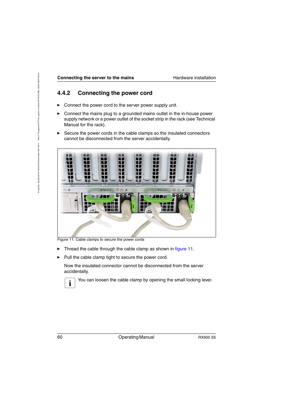 Connecting the power cord, 2 connecting the power cord, 60 operating manual | Rx600 s5, Figure 11: cable clamps to secure the power cords | FUJITSU PRIMERGY RX600 S5 User Manual | Page 60 / 148