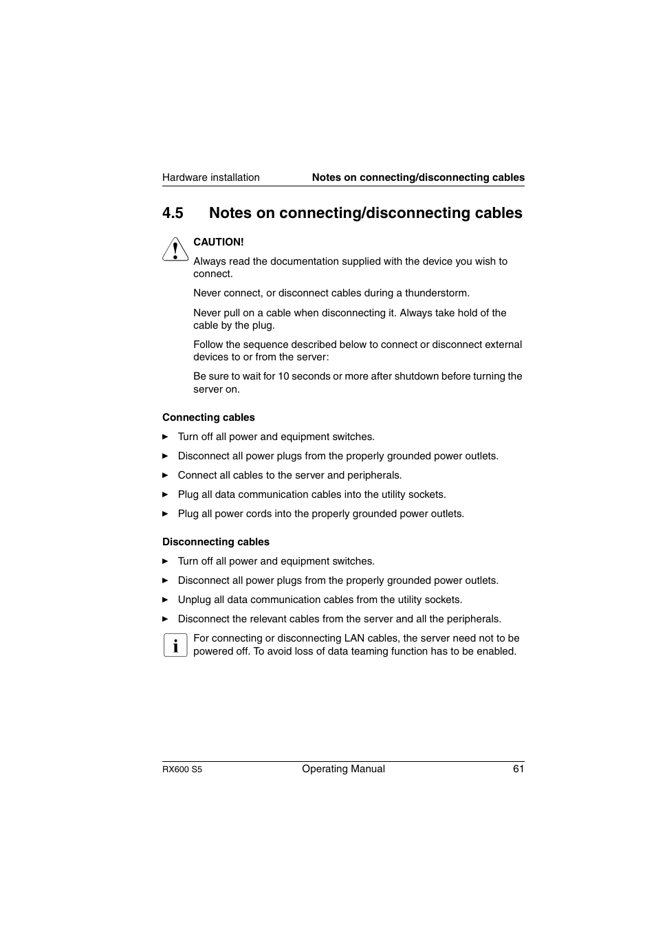 Notes on connecting/disconnecting cables | FUJITSU PRIMERGY RX600 S5 User Manual | Page 61 / 148