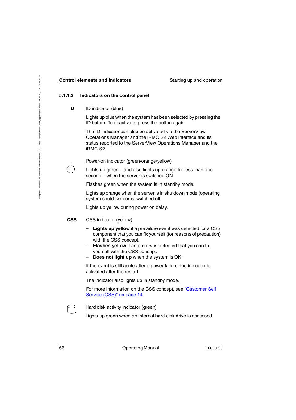 Indicators on the control panel, 66 operating manual, Rx600 s5 | FUJITSU PRIMERGY RX600 S5 User Manual | Page 66 / 148