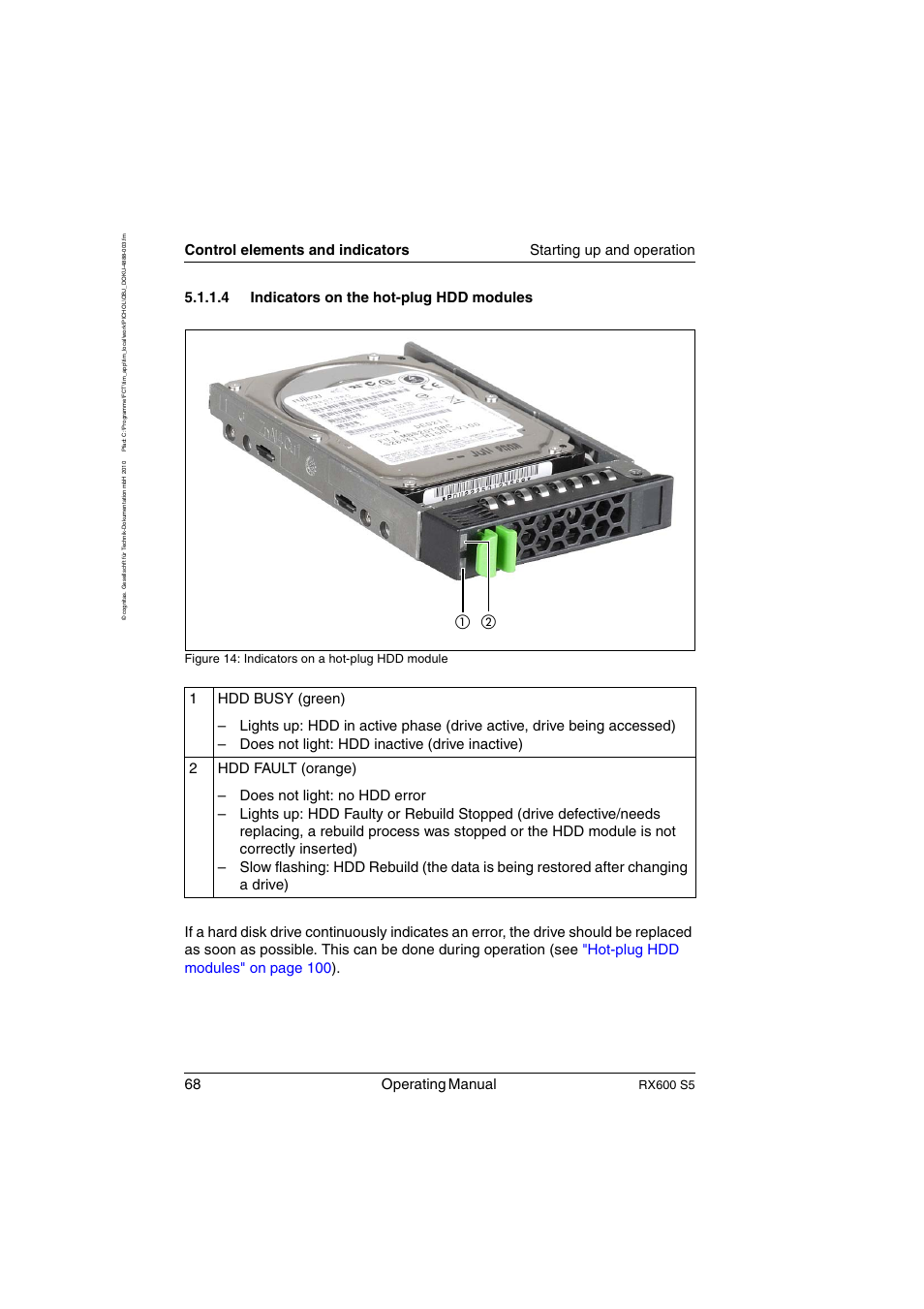 Indicators on the hot-plug hdd modules, 68 operating manual, 4 indicators on the hot-plug hdd modules | Rx600 s5, Figure 14: indicators on a hot-plug hdd module | FUJITSU PRIMERGY RX600 S5 User Manual | Page 68 / 148