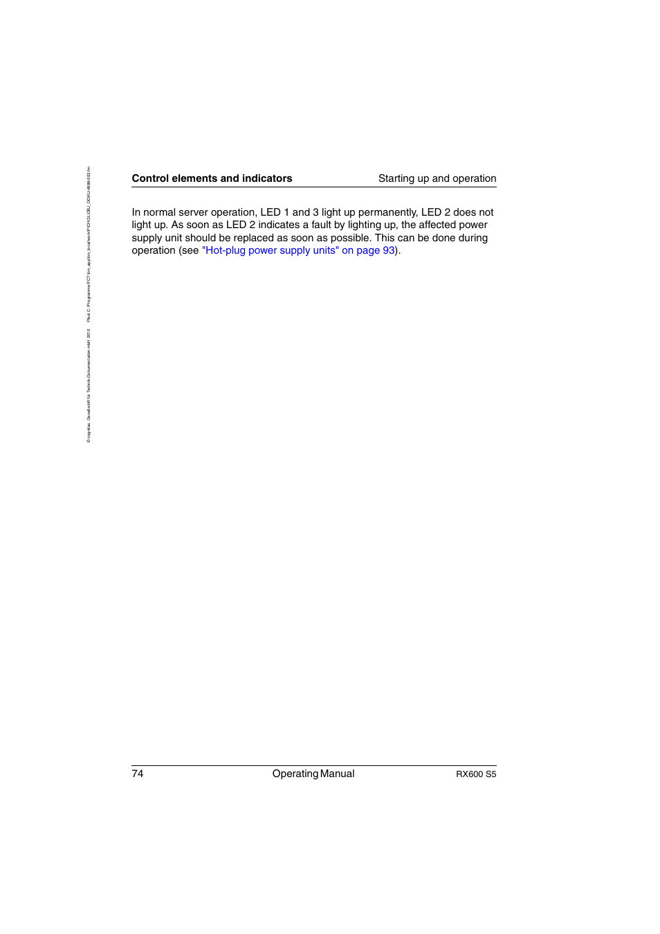 74 operating manual, Rx600 s5 | FUJITSU PRIMERGY RX600 S5 User Manual | Page 74 / 148