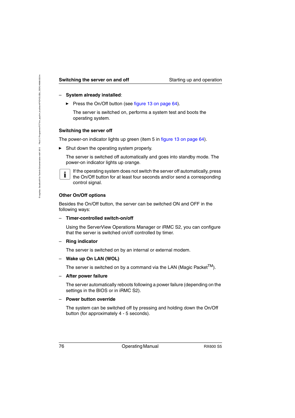 76 operating manual, Rx600 s5 | FUJITSU PRIMERGY RX600 S5 User Manual | Page 76 / 148