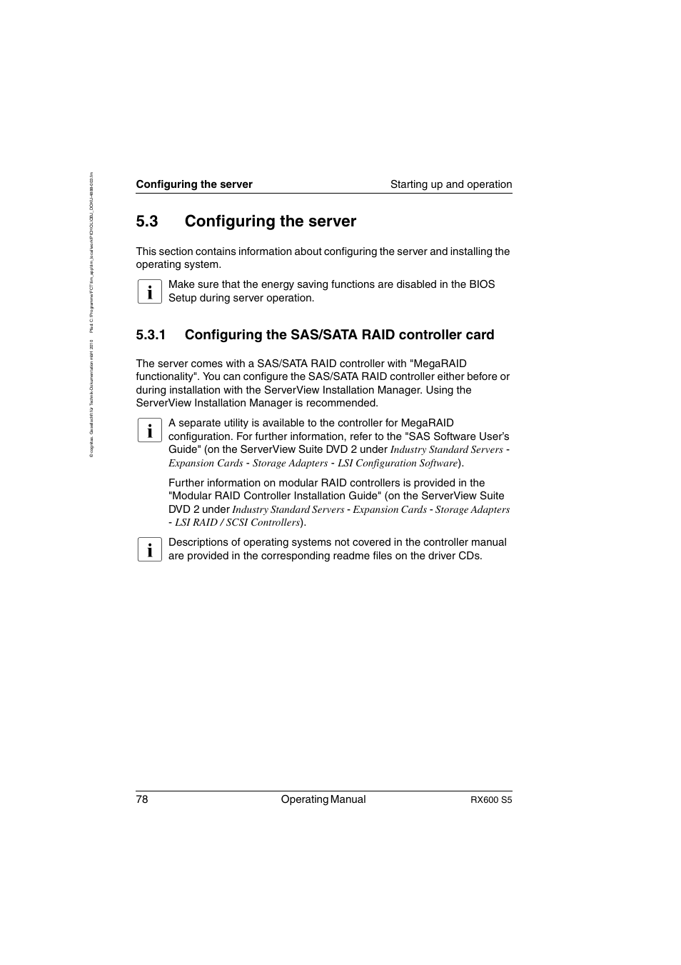 Configuring the server, Configuring the sas/sata raid controller card, 3 configuring the server | 1 configuring the sas/sata raid controller card, 78 operating manual, Configuring the server starting up and operation | FUJITSU PRIMERGY RX600 S5 User Manual | Page 78 / 148