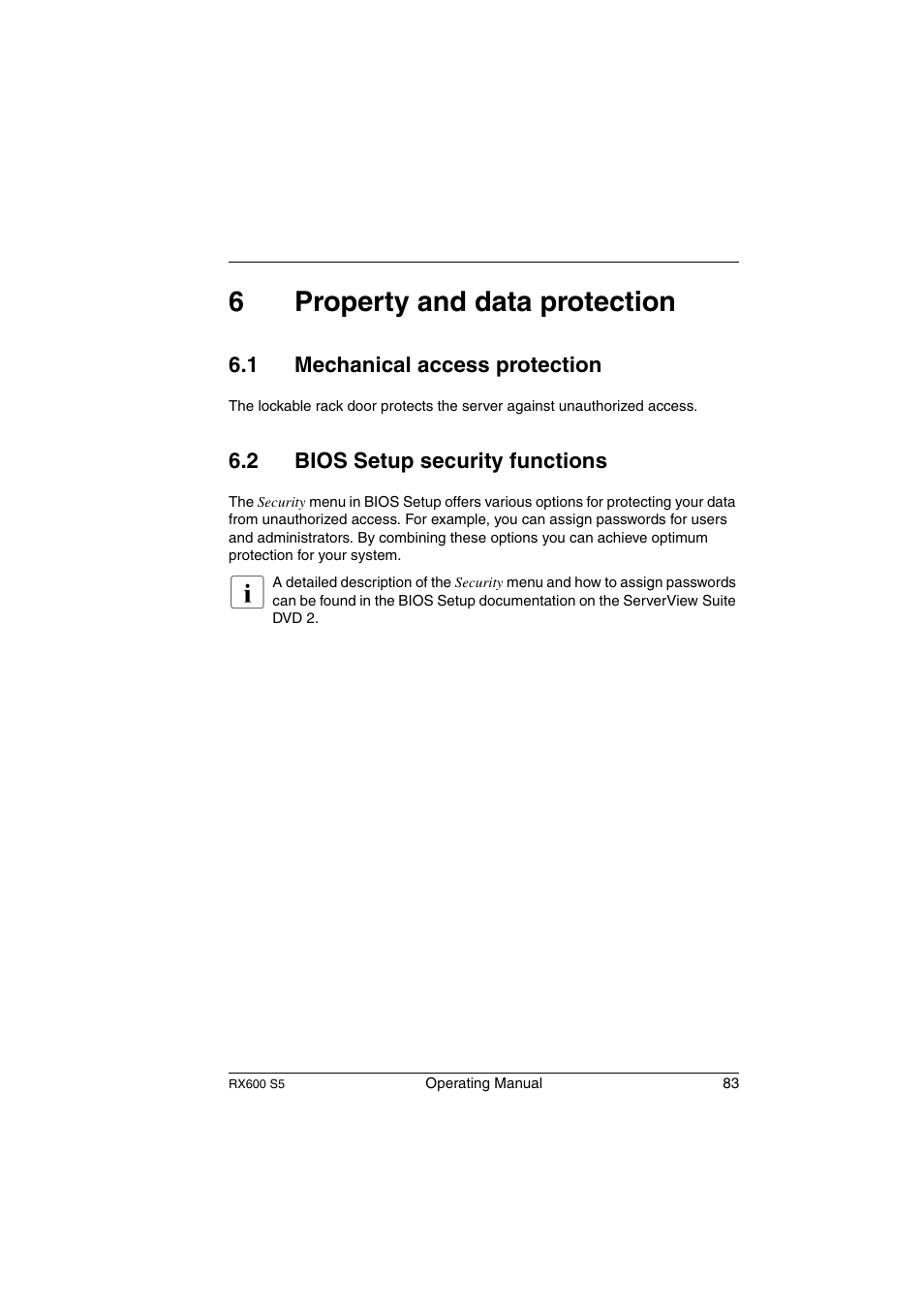 Property and data protection, Mechanical access protection, Bios setup security functions | 6property and data protection, 1 mechanical access protection, 2 bios setup security functions | FUJITSU PRIMERGY RX600 S5 User Manual | Page 83 / 148