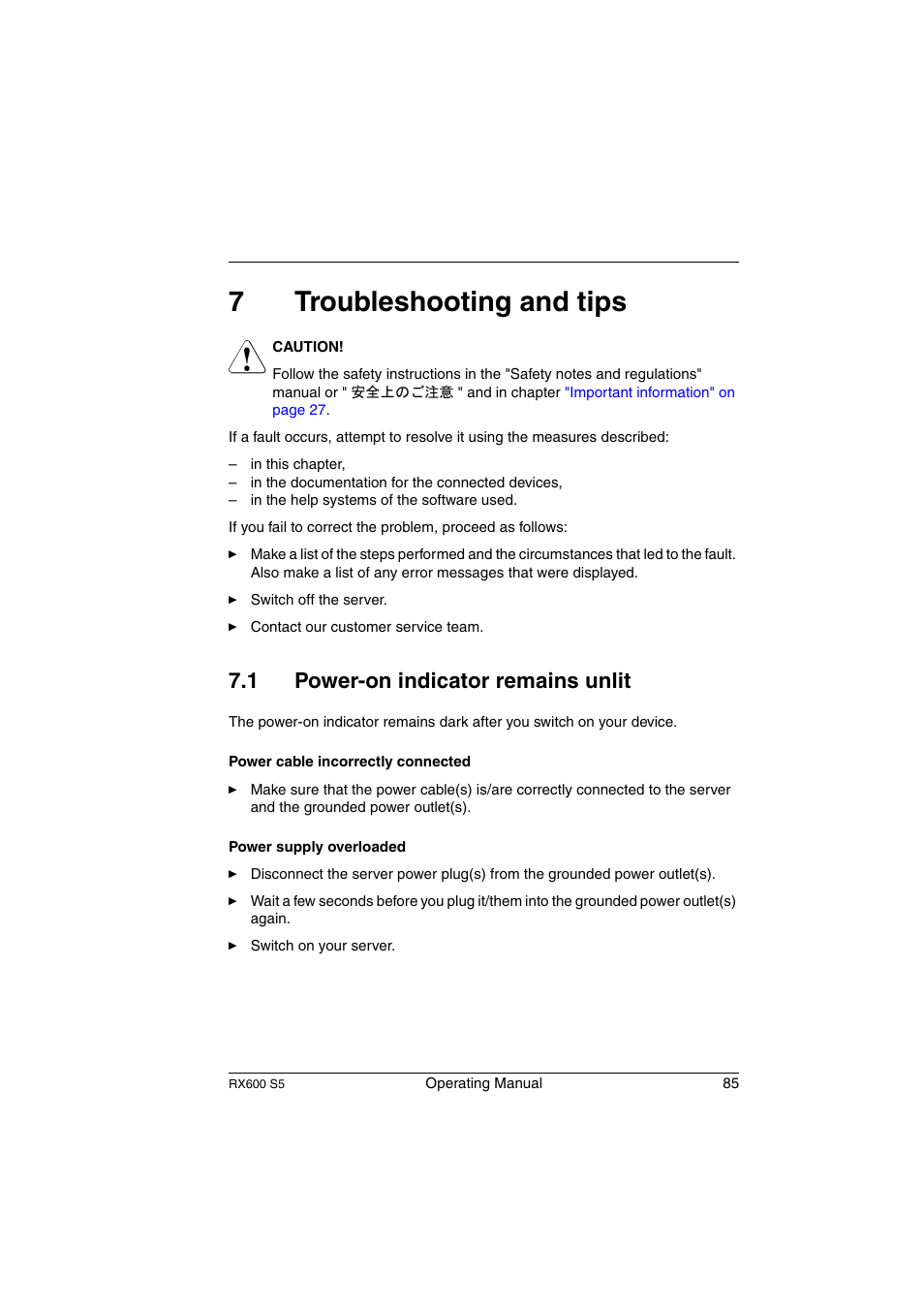 Troubleshooting and tips, Power-on indicator remains unlit, 7troubleshooting and tips | 1 power-on indicator remains unlit | FUJITSU PRIMERGY RX600 S5 User Manual | Page 85 / 148