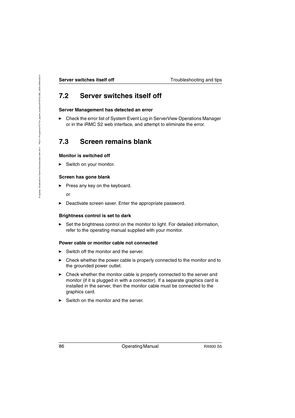 Server switches itself off, Screen remains blank, 2 server switches itself off | 3 screen remains blank, 86 operating manual, Rx600 s5 | FUJITSU PRIMERGY RX600 S5 User Manual | Page 86 / 148