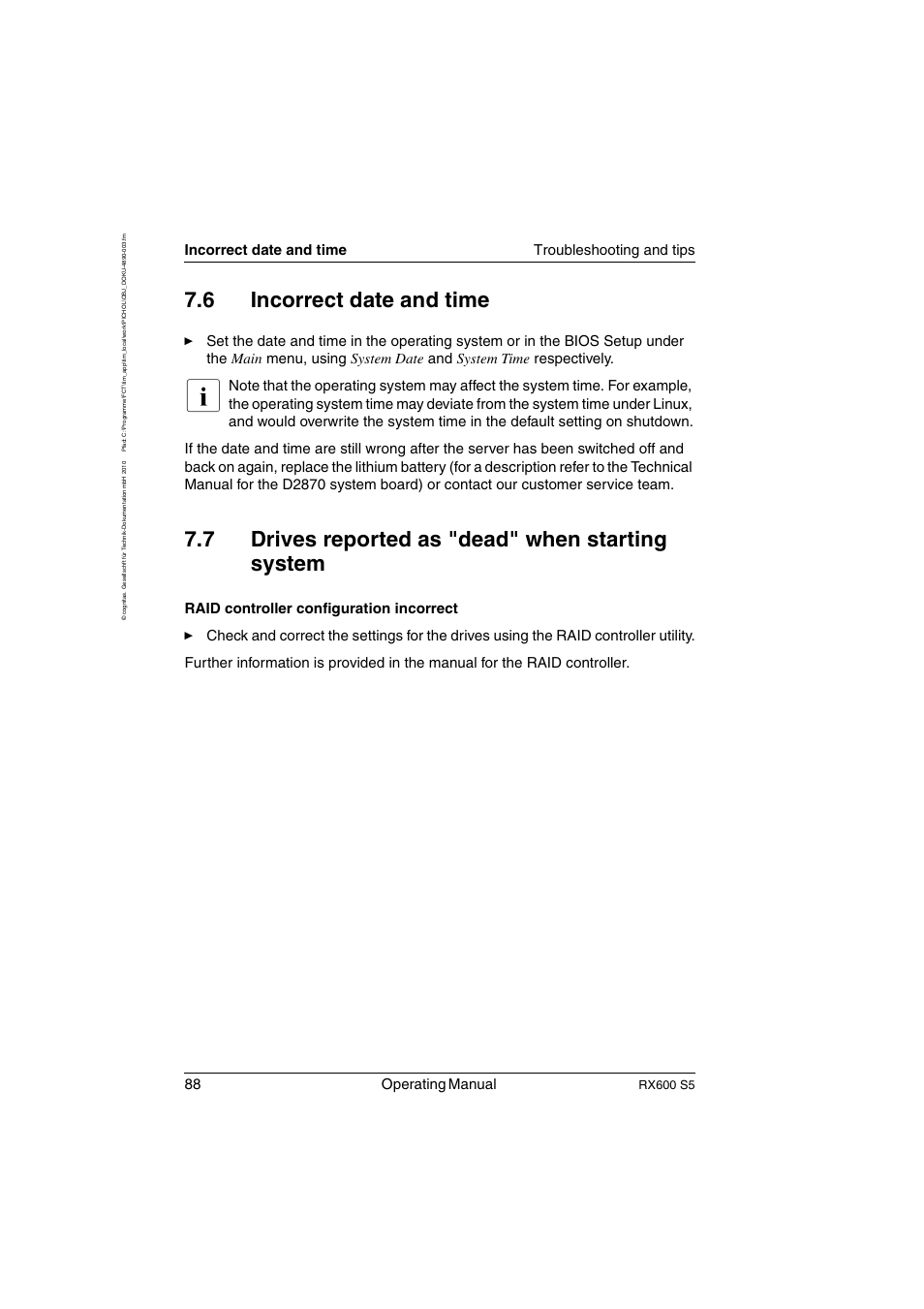 Incorrect date and time, Drives reported as "dead" when starting system, 6 incorrect date and time | 7 drives reported as "dead" when starting system, 88 operating manual, Incorrect date and time troubleshooting and tips, Rx600 s5 | FUJITSU PRIMERGY RX600 S5 User Manual | Page 88 / 148