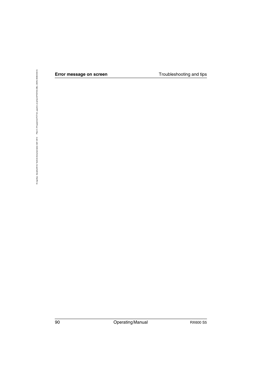 90 operating manual, Error message on screen troubleshooting and tips, Rx600 s5 | FUJITSU PRIMERGY RX600 S5 User Manual | Page 90 / 148