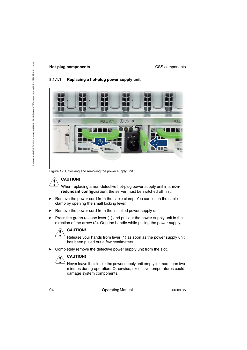 Replacing a hot-plug power supply unit, 94 operating manual, Hot-plug components css components | 1 replacing a hot-plug power supply unit, Rx600 s5 | FUJITSU PRIMERGY RX600 S5 User Manual | Page 94 / 148