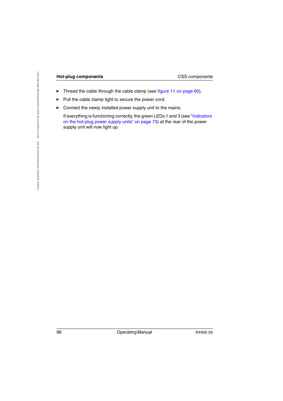96 operating manual, Hot-plug components css components, Rx600 s5 | FUJITSU PRIMERGY RX600 S5 User Manual | Page 96 / 148