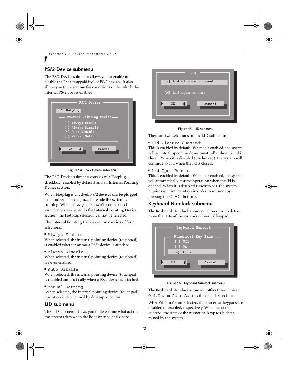 Ps/2 device submenu, Lid submenu, Keyboard numlock submenu | FUJITSU A1010 User Manual | Page 12 / 14