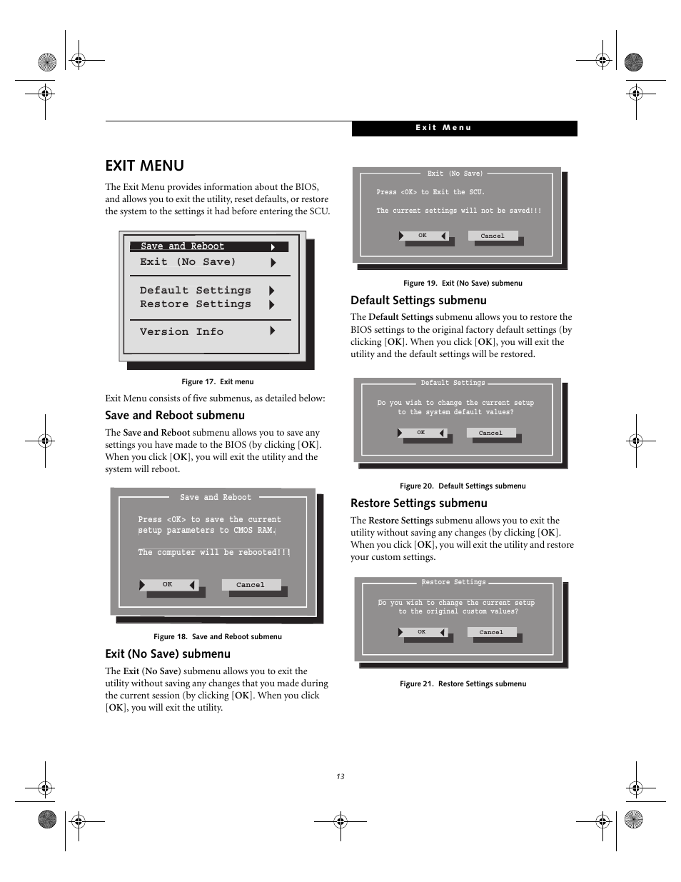 Exit menu, Save and reboot submenu, Exit (no save) submenu | Default settings submenu, Restore settings submenu | FUJITSU A1010 User Manual | Page 13 / 14