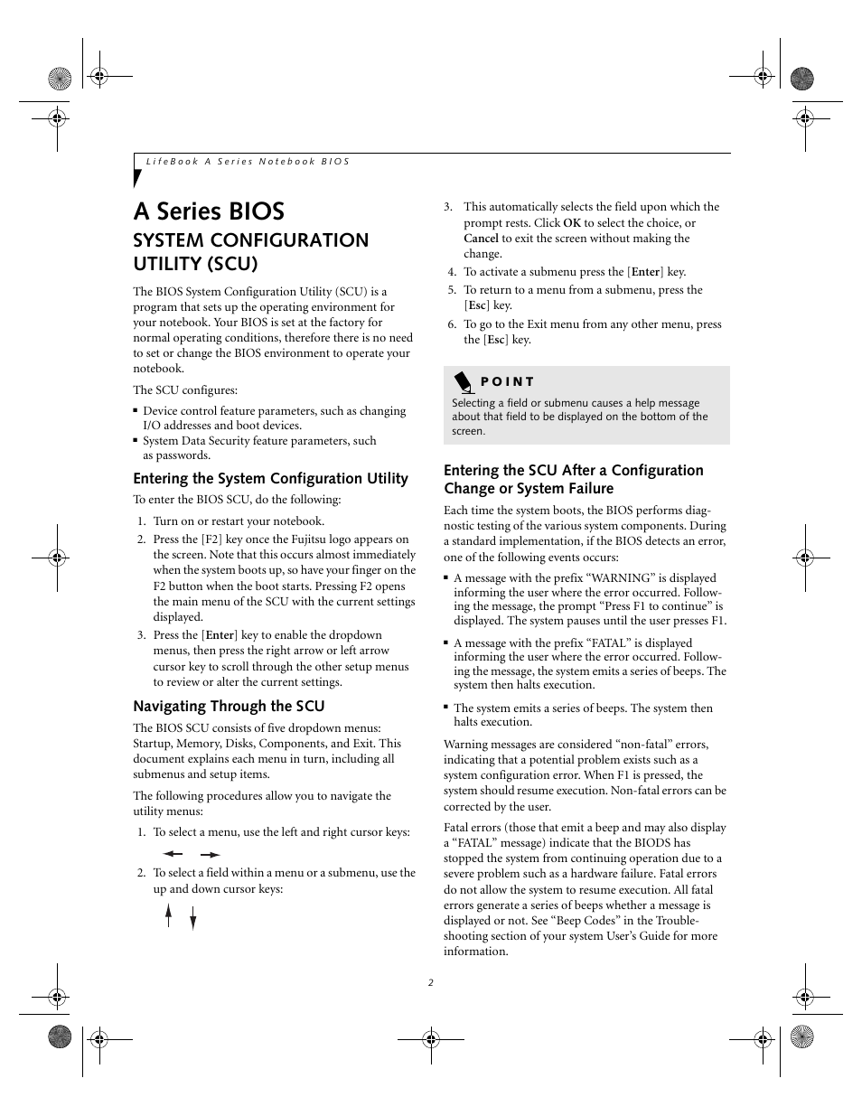 System configuration utility (scu), Entering the system configuration utility, Navigating through the scu | A series bios | FUJITSU A1010 User Manual | Page 2 / 14