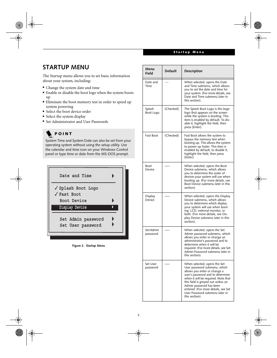 Startup menu | FUJITSU A1010 User Manual | Page 5 / 14