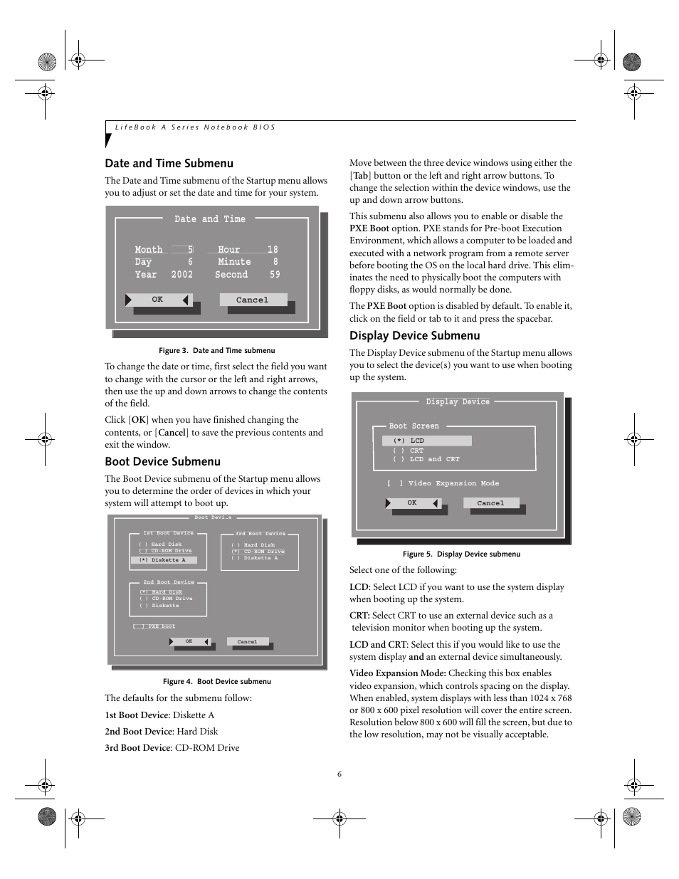 Date and time submenu, Boot device submenu, Display device submenu | FUJITSU A1010 User Manual | Page 6 / 14