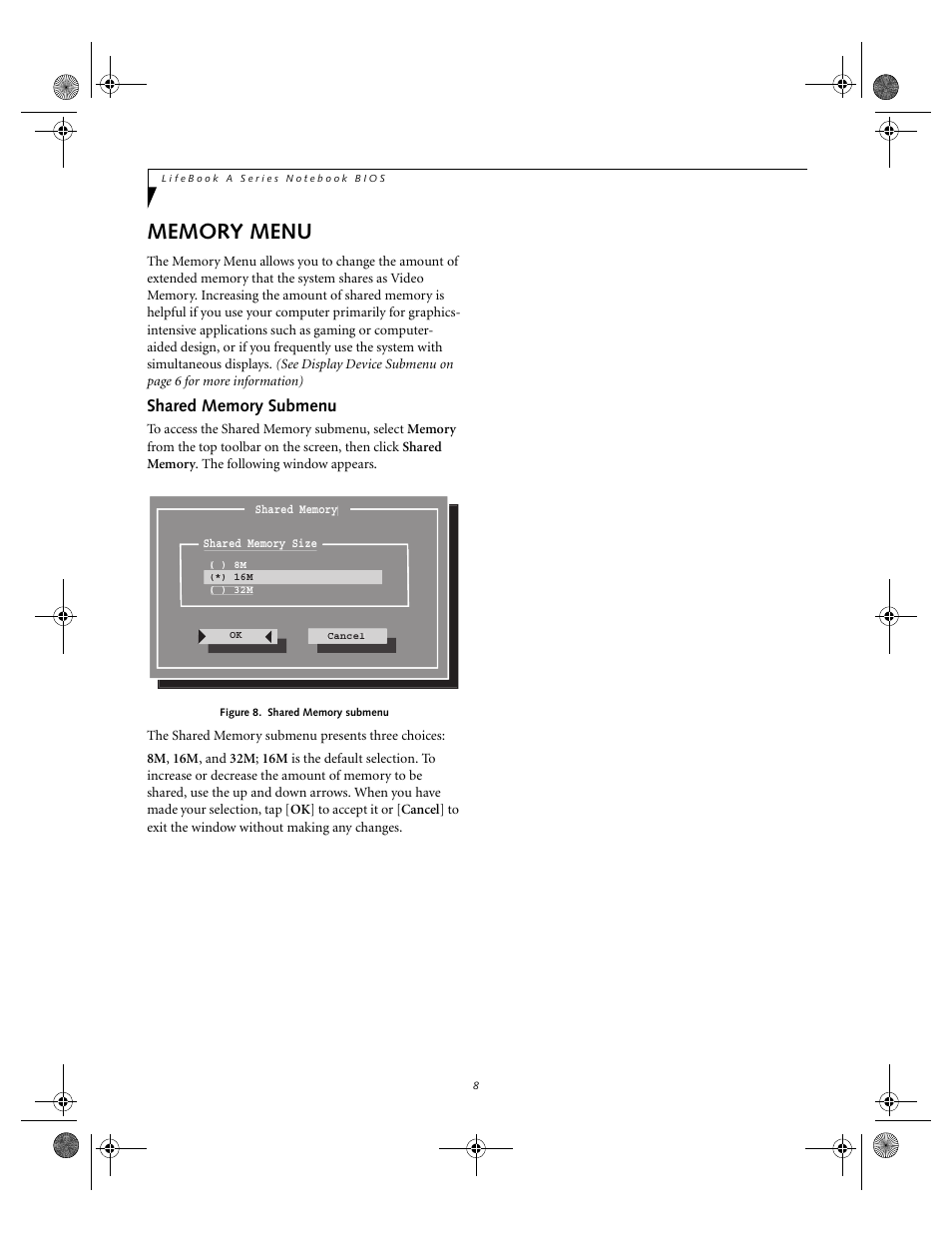 Memory menu, Shared memory submenu | FUJITSU A1010 User Manual | Page 8 / 14