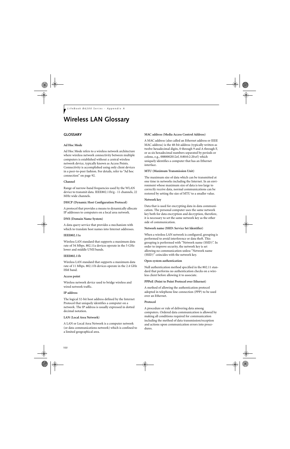 Wireless lan glossary | FUJITSU B6220 User Manual | Page 108 / 128