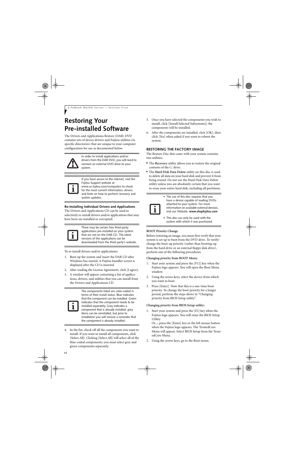 Restoring your pre-installed software | FUJITSU B6220 User Manual | Page 72 / 128