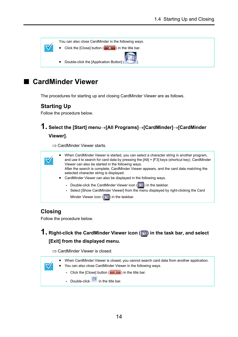 Cardminder viewer, Starting up, Closing | FUJITSU CardMinder P2WW-2640-01ENZ0 User Manual | Page 14 / 40