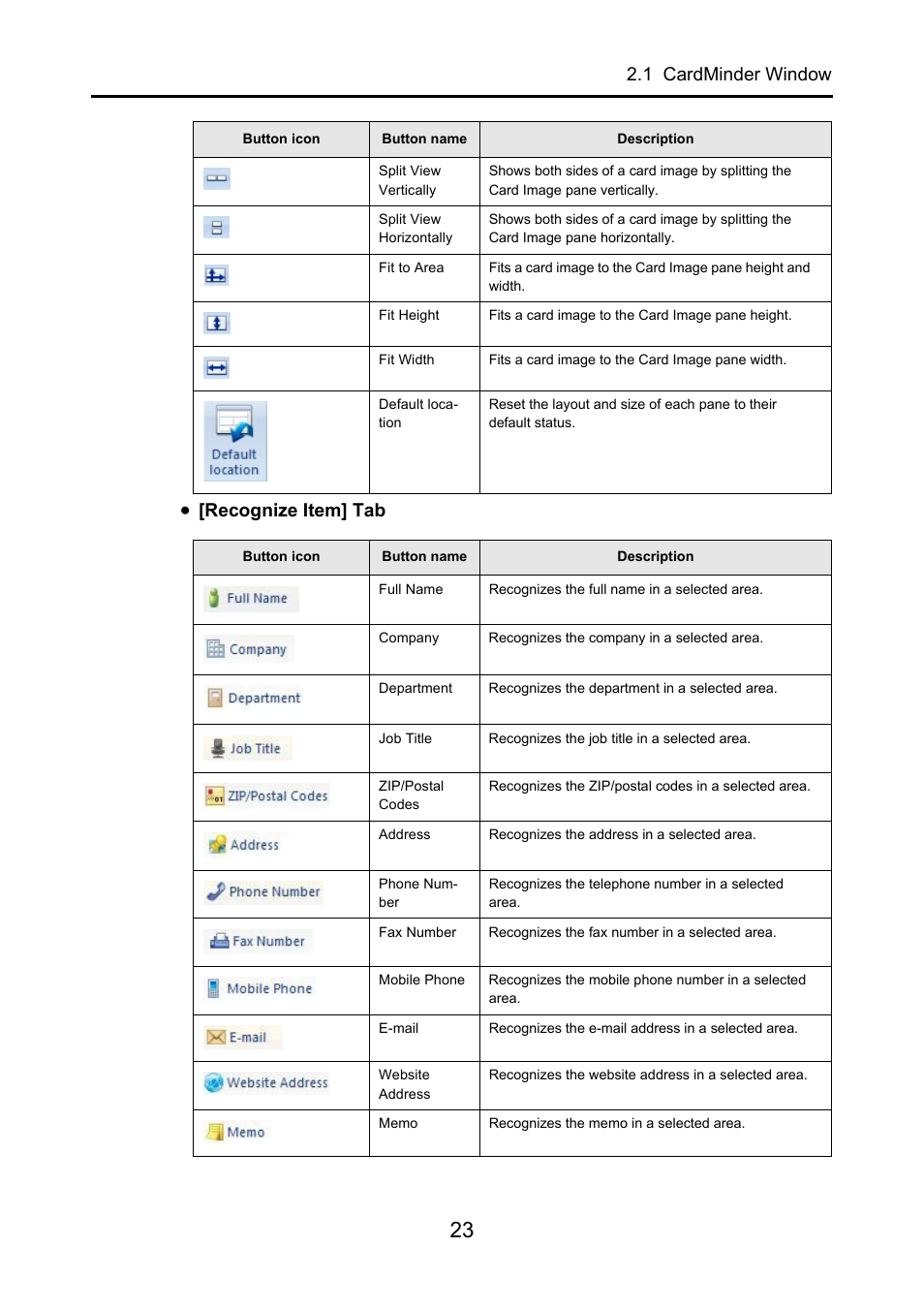 1 cardminder window, Recognize item] tab | FUJITSU CardMinder P2WW-2640-01ENZ0 User Manual | Page 23 / 40