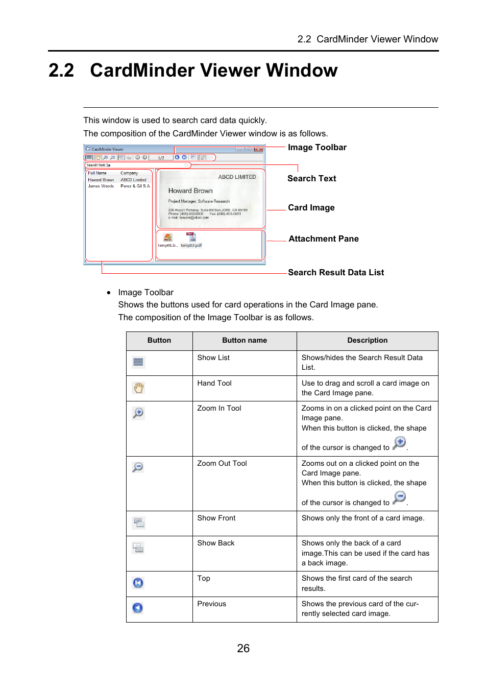 2 cardminder viewer window, Cardminder viewer window | FUJITSU CardMinder P2WW-2640-01ENZ0 User Manual | Page 26 / 40