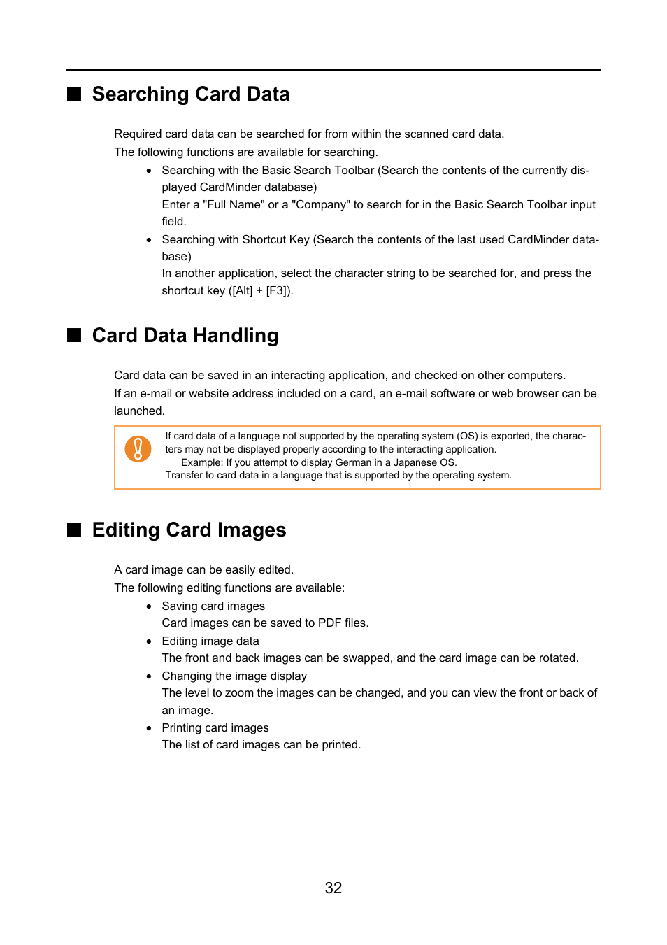 Searching card data, Card data handling, Editing card images | FUJITSU CardMinder P2WW-2640-01ENZ0 User Manual | Page 32 / 40