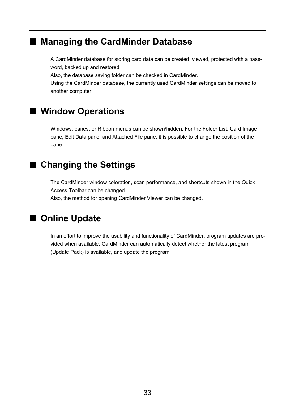 Managing the cardminder database, Window operations, Changing the settings | Online update | FUJITSU CardMinder P2WW-2640-01ENZ0 User Manual | Page 33 / 40