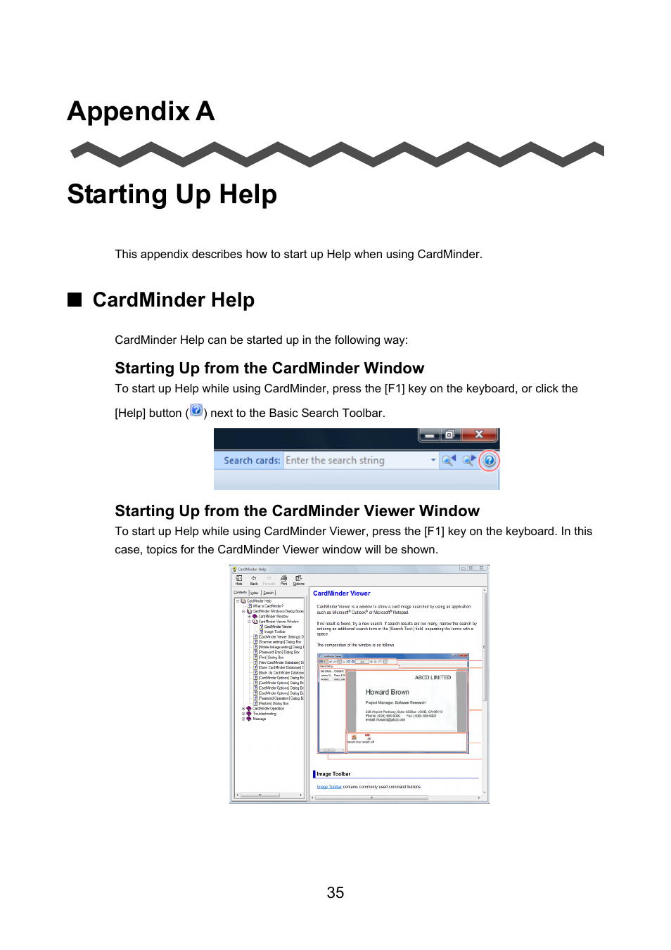 Appendix a starting up help, Cardminder help | FUJITSU CardMinder P2WW-2640-01ENZ0 User Manual | Page 35 / 40