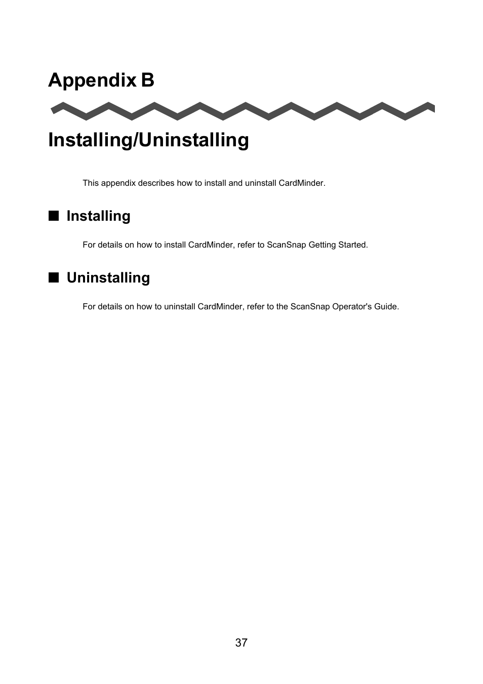 Appendix b installing/uninstalling, Installing, Uninstalling | Installing ■uninstalling | FUJITSU CardMinder P2WW-2640-01ENZ0 User Manual | Page 37 / 40