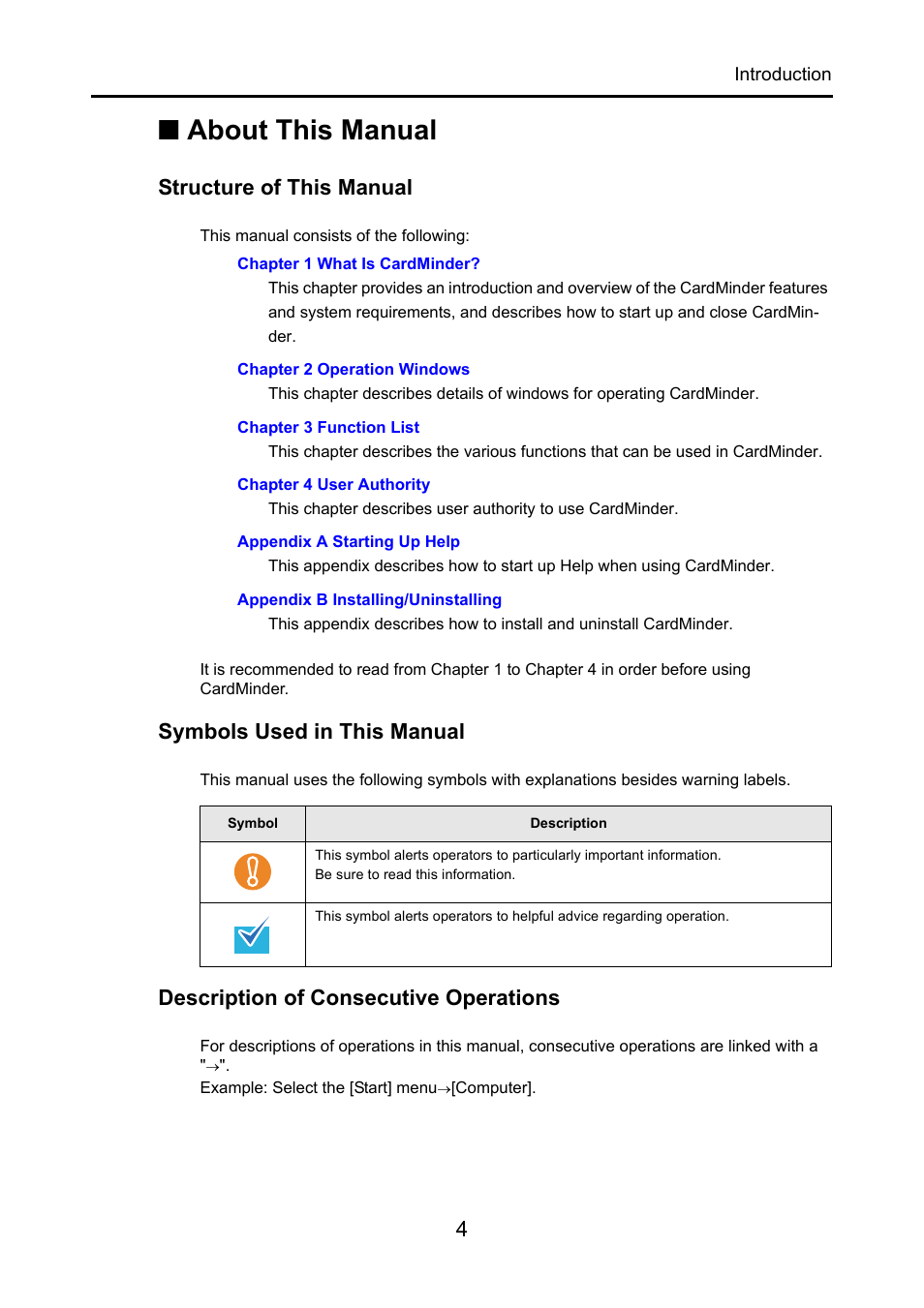 About this manual, Structure of this manual, Symbols used in this manual | Description of consecutive operations | FUJITSU CardMinder P2WW-2640-01ENZ0 User Manual | Page 4 / 40