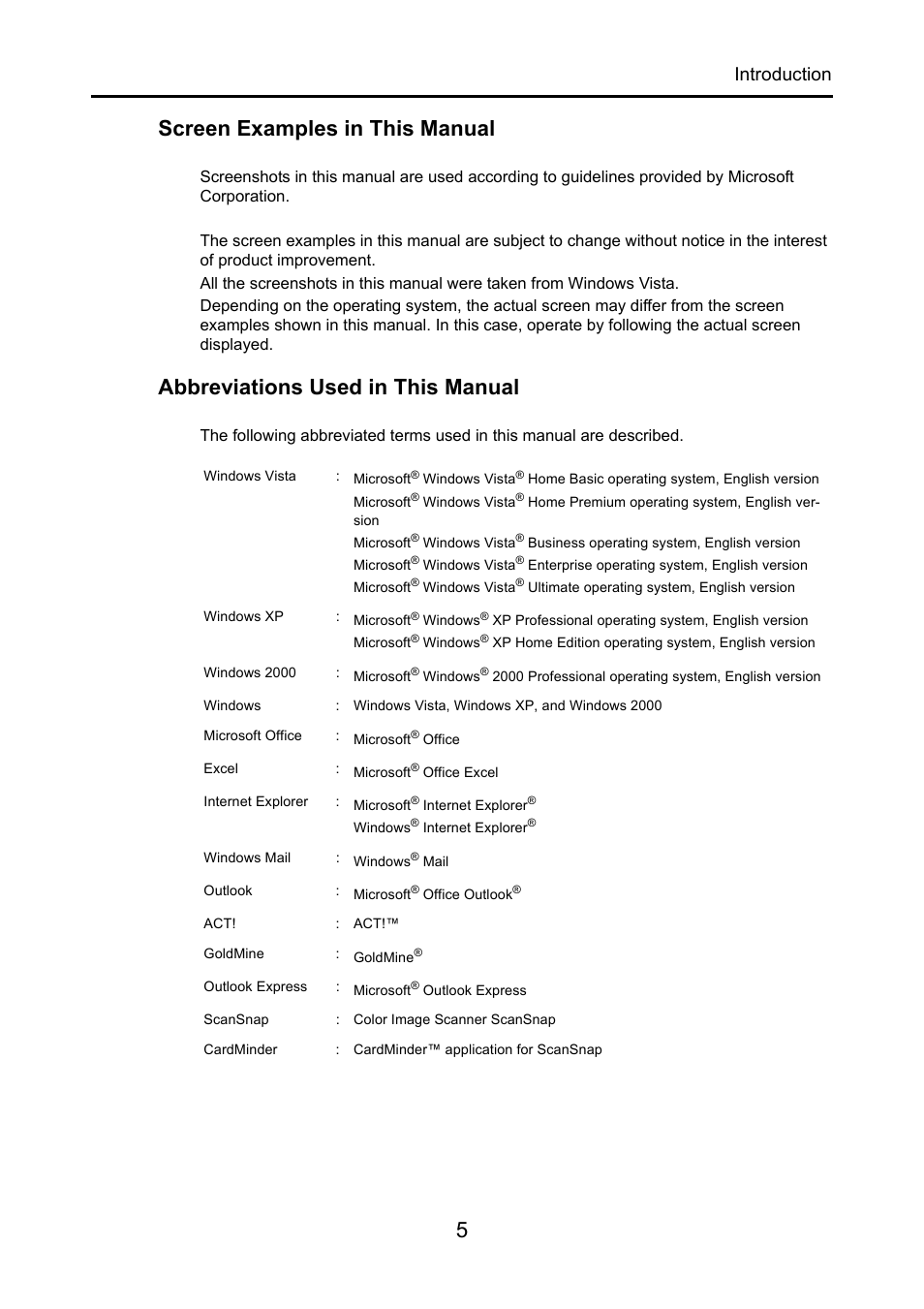 5screen examples in this manual, Abbreviations used in this manual, Introduction | FUJITSU CardMinder P2WW-2640-01ENZ0 User Manual | Page 5 / 40