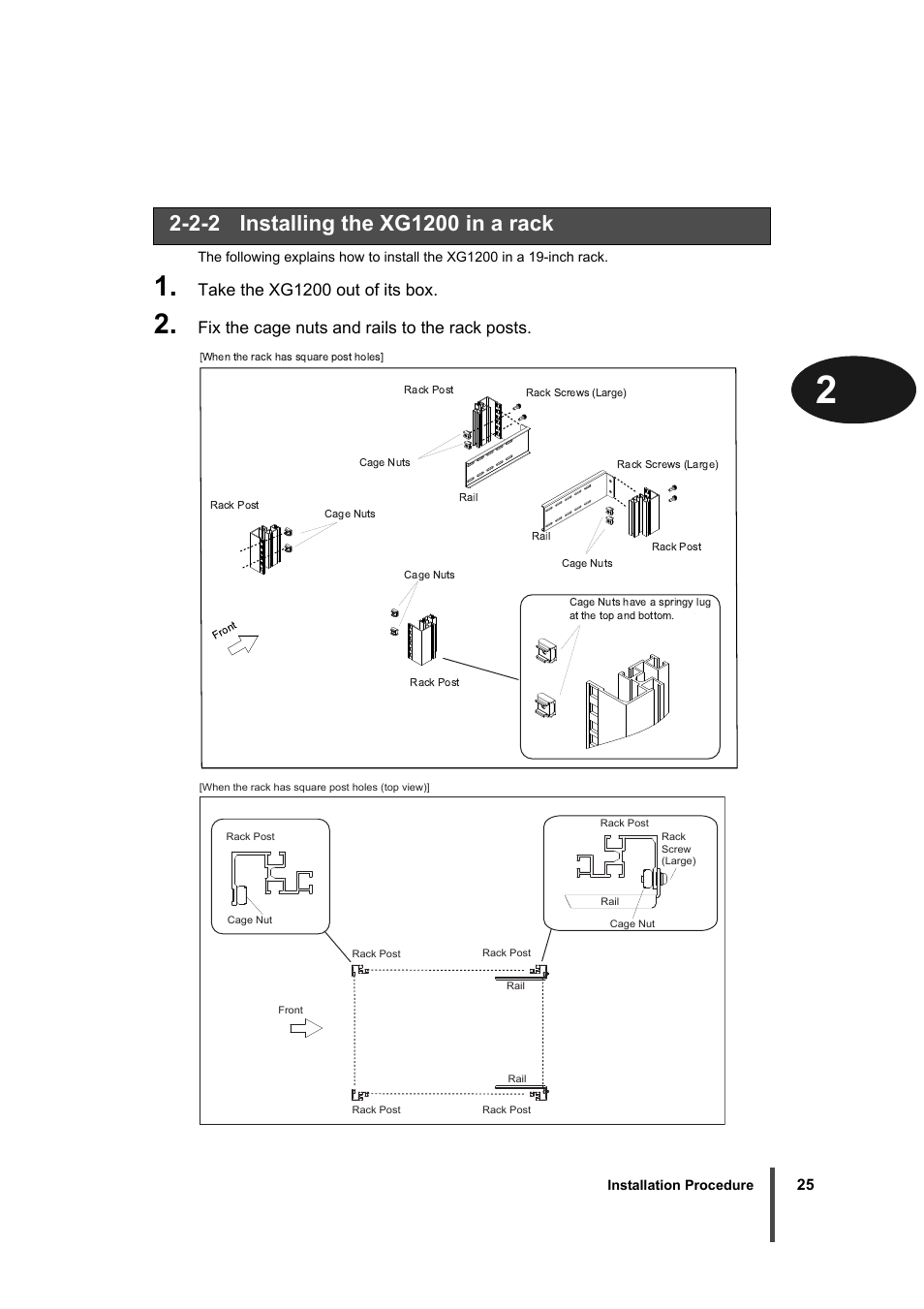 Take the xg1200 out of its box, Fix the cage nuts and rails to the rack posts | FUJITSU XG1200 User Manual | Page 26 / 40